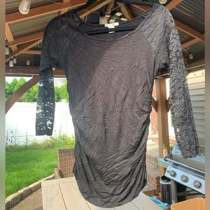 Bozzolo ruched black lace 3/4 length sleeve top